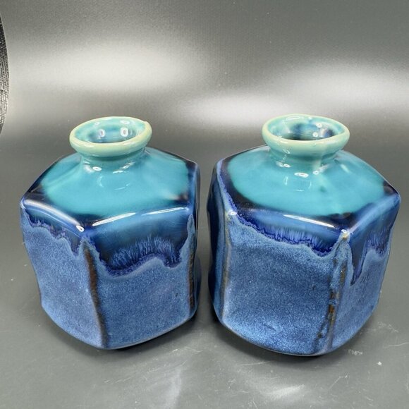 Kotobuki Peppercorn Hexagon Vase Set 2 Made in Japan W Tags Blue Green Glaze VTG - Picture 16 of 16